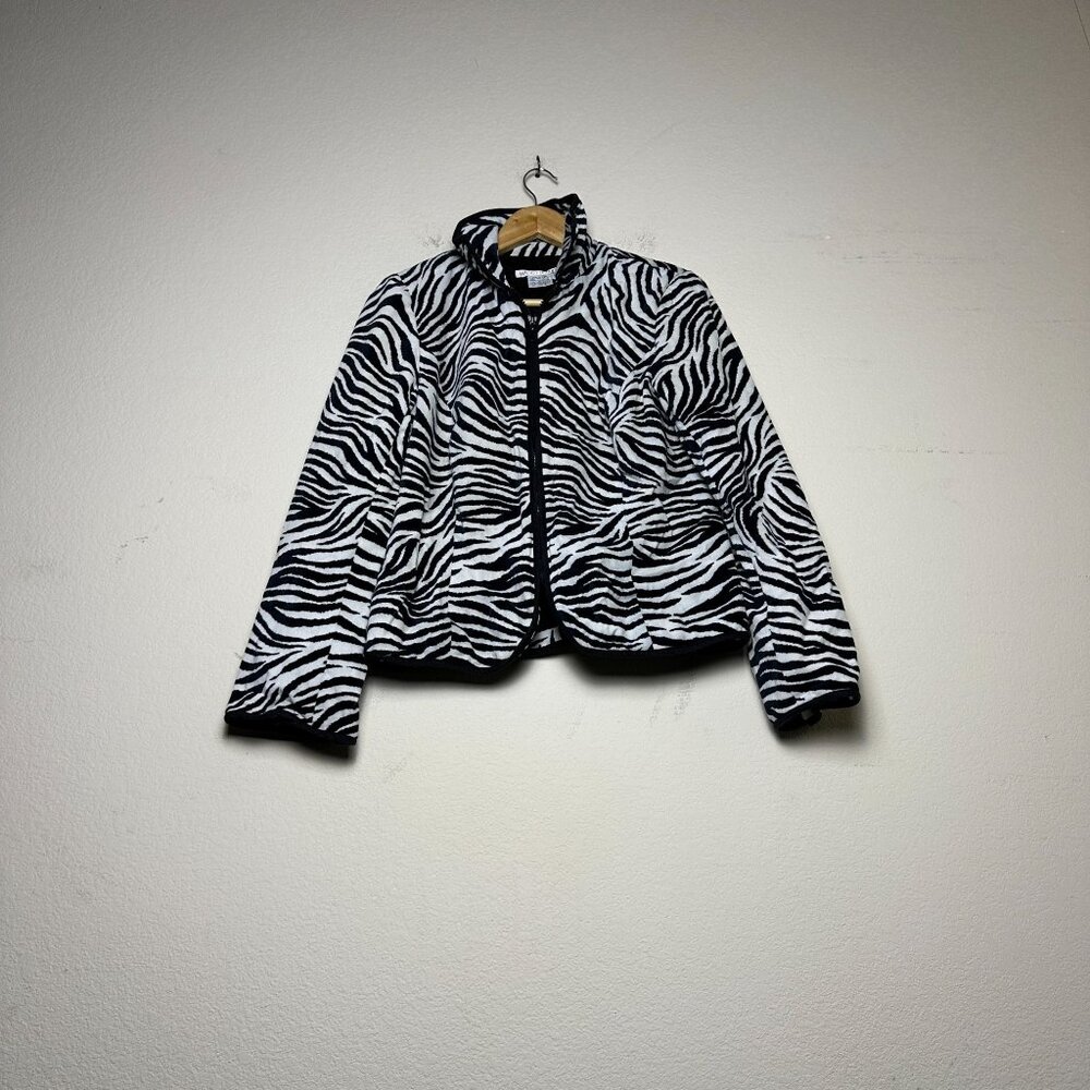VTG Maggie London Coat Zebra Print Zip Fleece Jacket Women 10 P 90s Black White